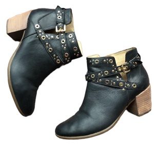 Geox Navy Blue Leather Ankle Booties Golden Rivets Straps Chunky Heel Size 38